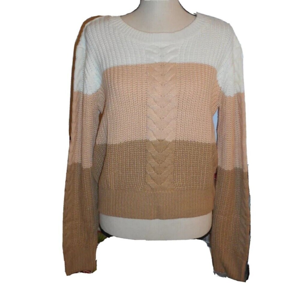 Ann Klein Womens sz M Colorblock Cable Knit Sweater Tan White Beige MSRP $89 NEW
